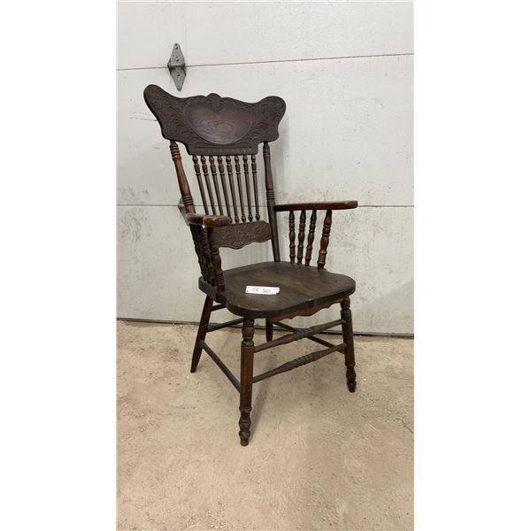 Pressed Back Wood Armchair with Spindle Back & Turned Legs