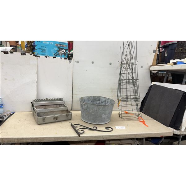 Galvanized Tub, Metal Tackle Box, with Lead Fishing Weights, Large Hooks, Wire Tomato Cages
