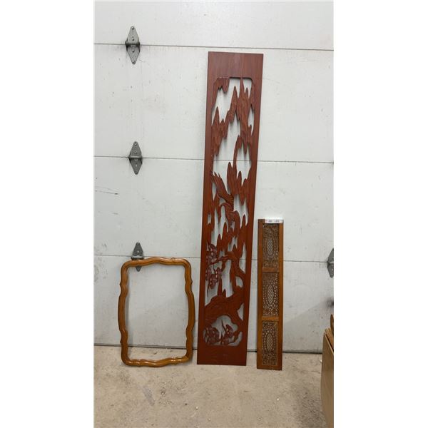 2 Carved Wood Panels 36 x 6", 72 x 2"& Picture Frame, 26 x 18"