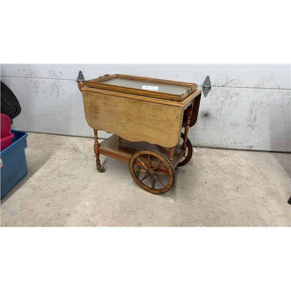 Drop Leaf Tea Cart with Removable Tray, 2 Shelves, & Wood Spoke Wheels, 28 x 31 x 17 Extending