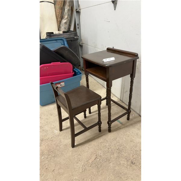 Antique Wood Telephone Desk & Chair, 31 x 18 x 14"