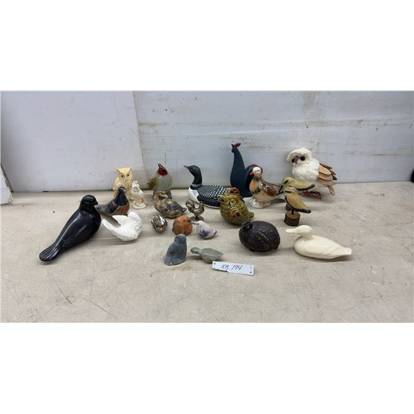 Collection of Bird Figurines: Black Dove, Painted Dove, Loon, Ducks, Quail, Owls, Soapstone & More