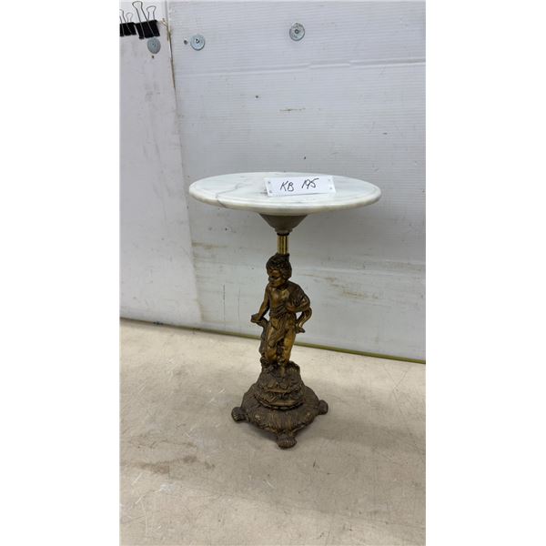 Bronze Putto & Marble-Top Pedestal Table, 18 x 12"