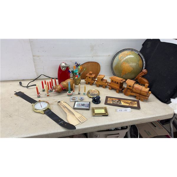 Hamilton Beach Can Opener, Thermometer Watch, Wood Train, Hanging Globe, Candles & More