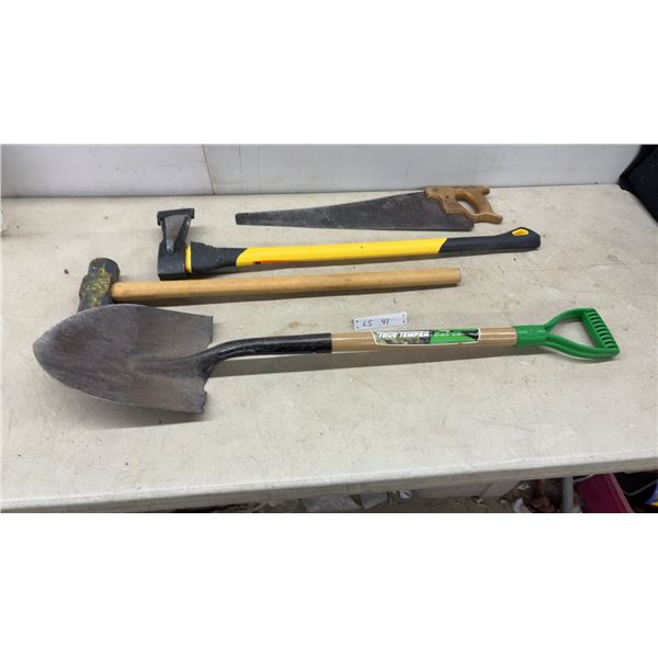 Assorted Hand Tools: True Temper Shovel, Sledgehammer, Axe, & Hand Saw