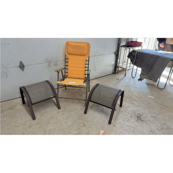 Orange Sling Chair & Two Brown Ottomans