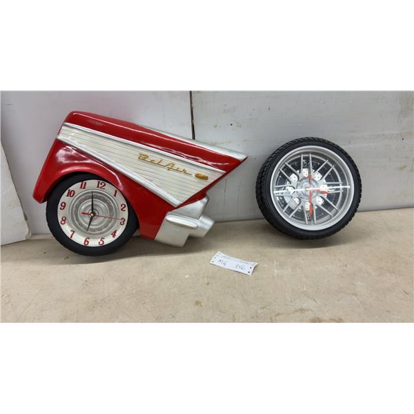 Two Novelty Clocks: Bel Air Fender Clock, 18 x 14" & Tire Rim Clock, GM Licensed