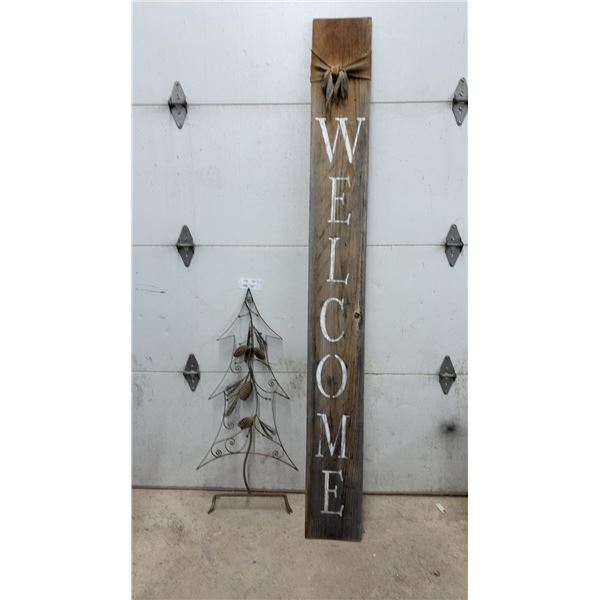Rustic Wood Welcome Sign 86 x 9 1/2"& Metal Christmas Tree with Pinecones, 42 x 19"