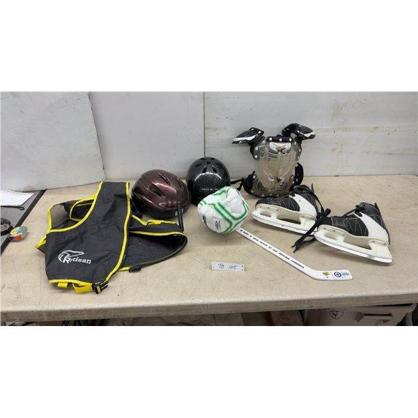Youth Ice Skates, Chest Protector, 2 Helmets, Soccer Ball, Hockey Stick, & Vest