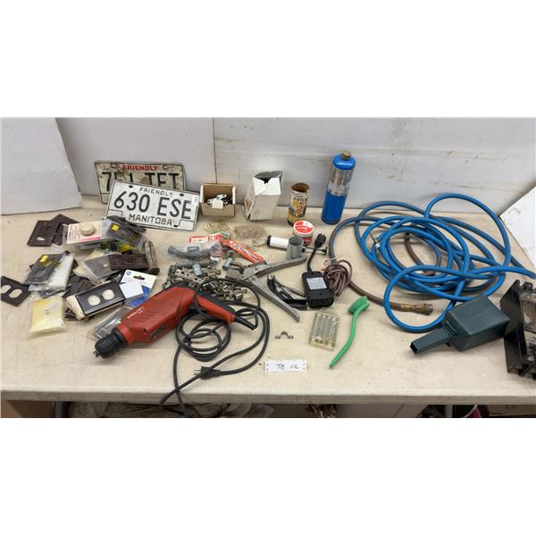 Assorted Tools & Hardware: Drill, Air Hose, Circuit Breaker (175A), License Plates, & More