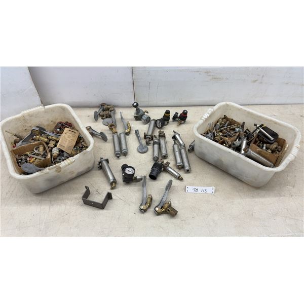Two Tubs of Brass Fittings, Air Cylinders, Pressure Gauges, & More