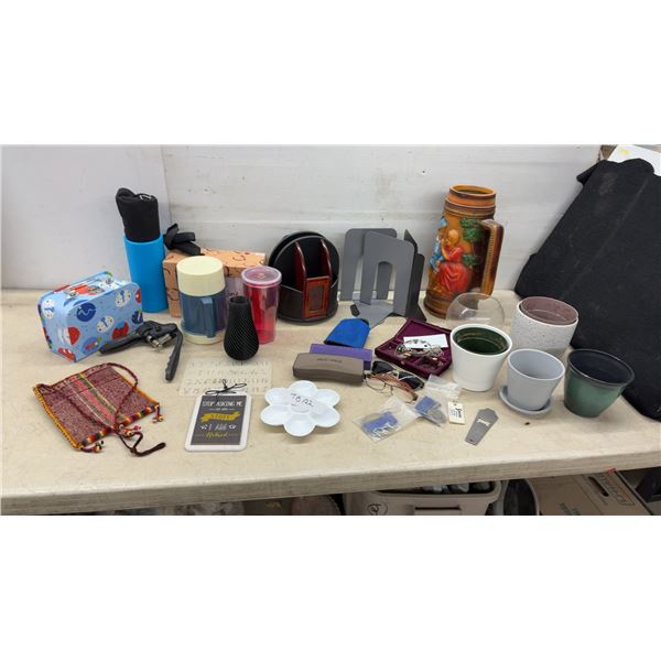 Assorted Lot: Thermos, Eyeglasses, Beer Stein, Fashion Jewelry, Planters, & More