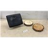Image 1 : Black Plastic Glove Box & Two Wood Slices