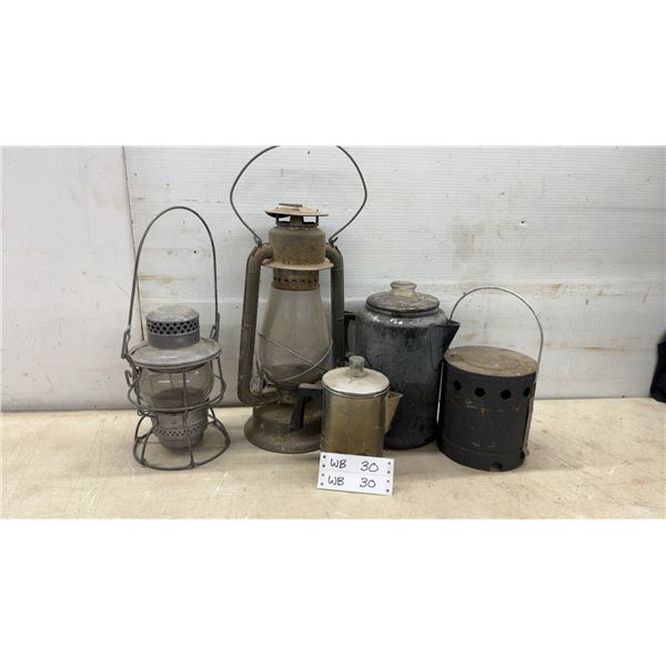 Vintage M.L. Piper Co. Railway Lantern, Kerosene Lantern and 2 Coffee Pots