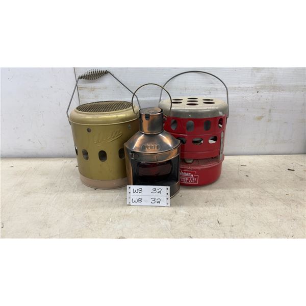 Vintage Aladdin Radiant Heater, Copper "Port" Marine Lantern, and Coleman Quick-Lite 3000 BTU Heate