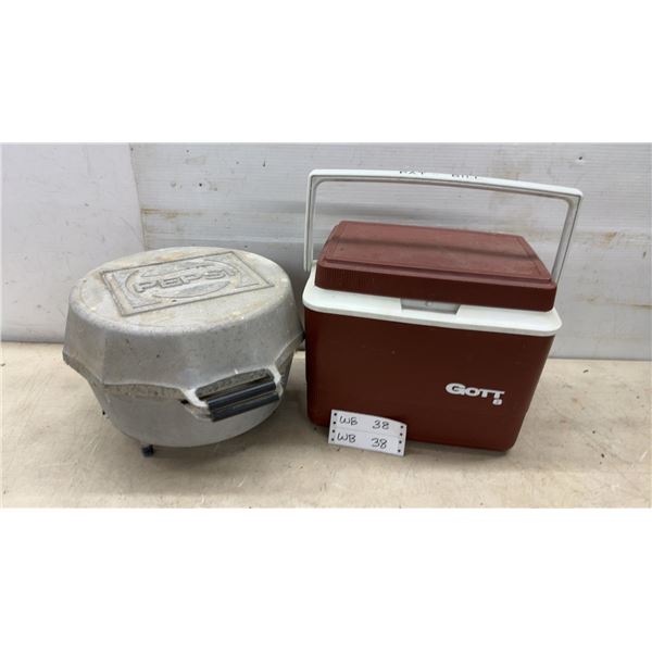 Vintage Pepsi Cast Aluminum Portable Charcoal Grill and Gott 8 Cooler with Brown Lid