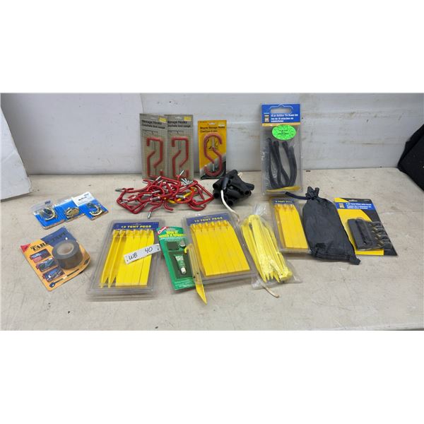 Tent Pegs, Tarp Tape, Rubber Tie-Down Set, Tarp Clips, Storage Hooks, & More
