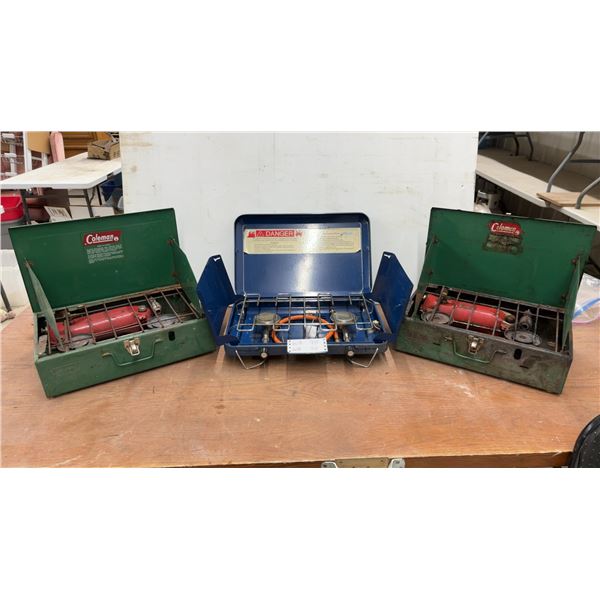 Three Camp Stoves: Two Coleman Model 421-D & One Blue Propane 2-Burner Stove