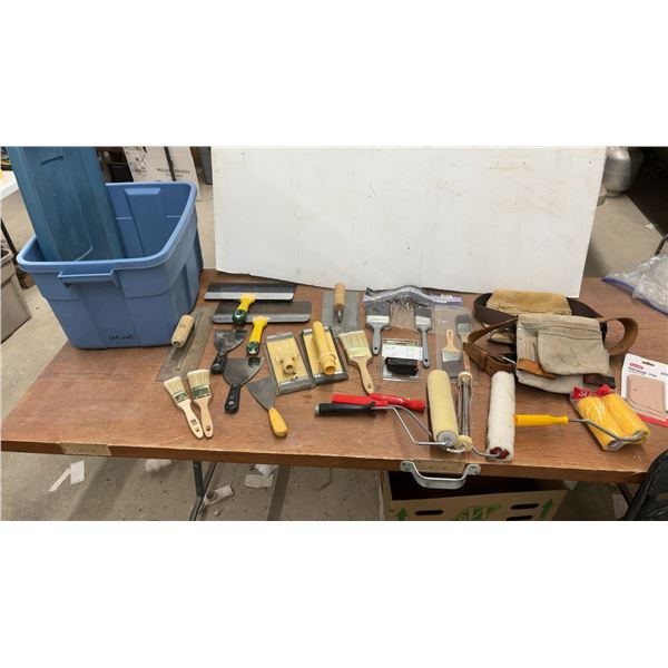 Tote Full Of Drywall and Painting Tool Lot: Taping Knives, Brushes, Rollers, Tool Belt, Spreaders