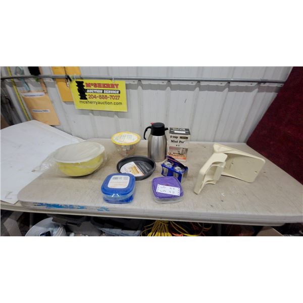 Kitchenware Lot: 4-Cup Mini Perk, Thermos, Cake Pan, Storage Containers, Mixing Bowls& More