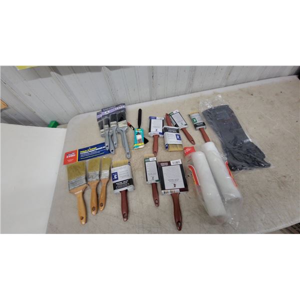 Assortment of Paint Brushes Including Z-Pro Gold 'N Wood 3-Piece Set, Roller Covers, Gloves and Mor