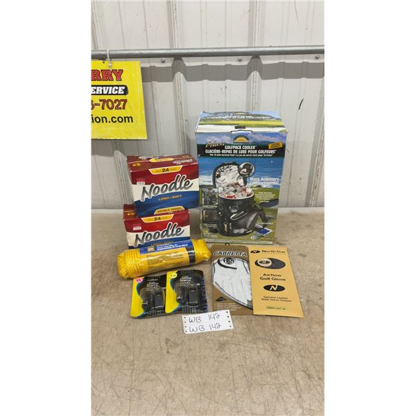 Golfpack Cooler, Noodle Golf Balls, Cabretta and North Star Golf Gloves, and Rope