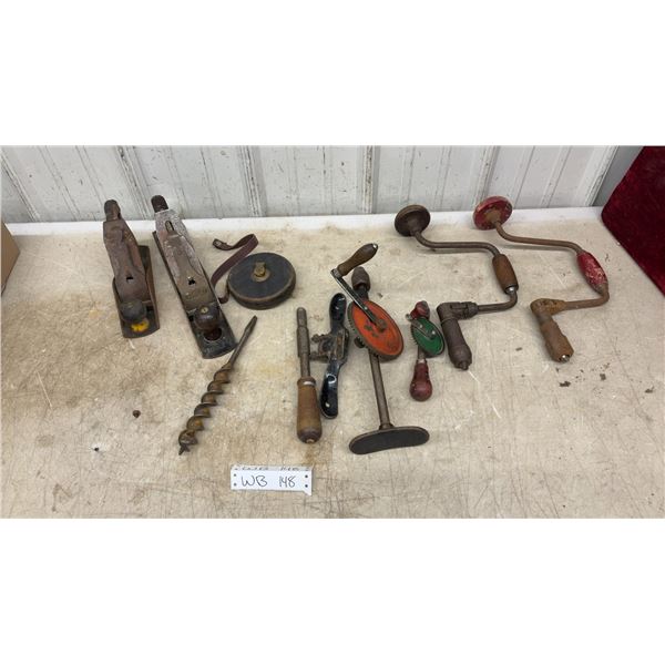 Vintage Hand Tool Lot Including Stanley Plane, Manual Drills, Auger Bit and More