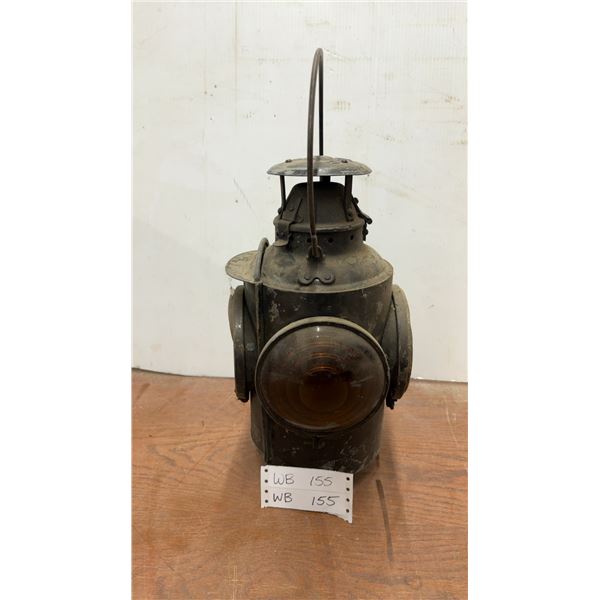 Vintage SP Railroad Lantern with Amber Lens & Two Metal Covers