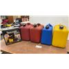 Image 1 : Vacu Pump & 4 Gas Cans: 3 Red, 1 Blue Kerosene, 1 Yellow