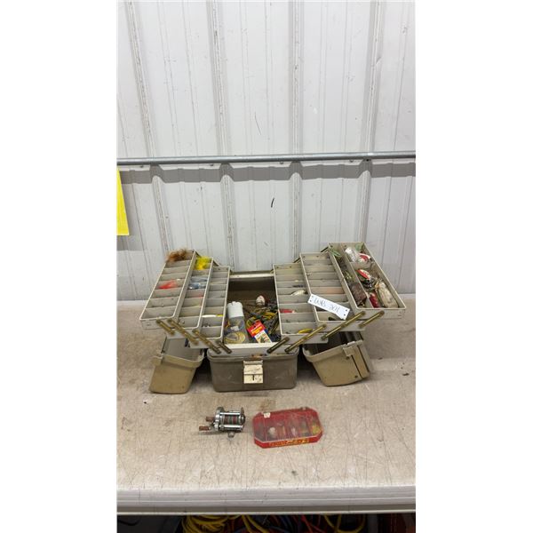 Vintage Fishing Tackle Box With Lures, Line, Baitcasting Reel, and More