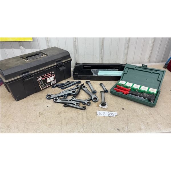 19" Tool Box, Marson HP-2 Hand Riveter Set and Master Mechanic Ratcheting Wrenches