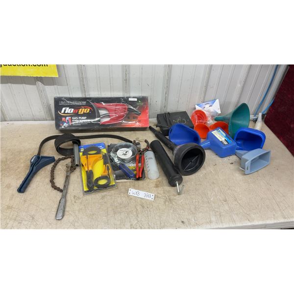 Flo N' Go High Flow Gas Pump, Oil Filter Wrenches, Funnels, and More