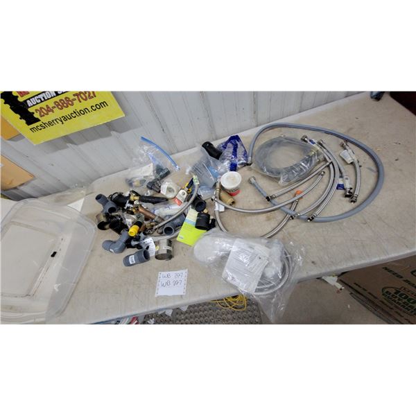 Plumbing Supplies Lot: Braided Stainless Steel Hoses, PVC and Brass Fittings, Showerhead and More
