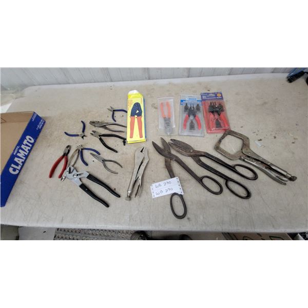 Assortment of Pliers, Tin Snips, Locking Pliers, Crimping Tool, Snap Ring Pliers and More