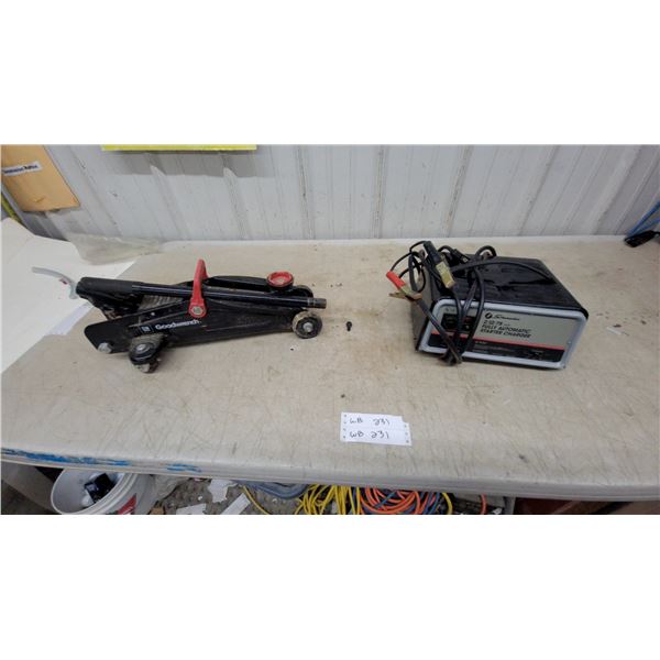 GM Goodwrench 3-Ton Hydraulic Floor Jack and Schumacher 2/12/75 Amp Automatic Starter Charger