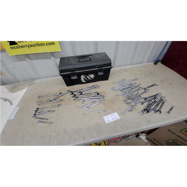 Assortment of Husky and Other Combination and Open-End Wrenches with Black Plastic Toolbox