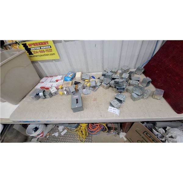 Lot of Electrical Supplies Including Siemens Disconnect, Duplex Outlets, Metal Boxes, Dimmers and M
