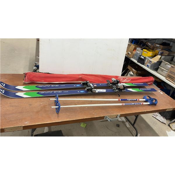 Fischer Cut 70 Skis with Bindings, Scott Ski Poles, & Red Ski Bag.