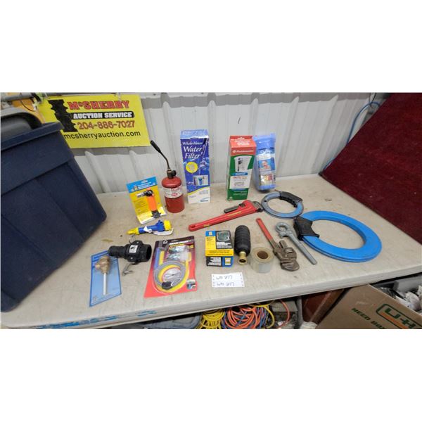 Plumbing Lot - Pipe Wrenches, Fish Tapes, Water Filter, Toilet Fill Valve, Torch and More