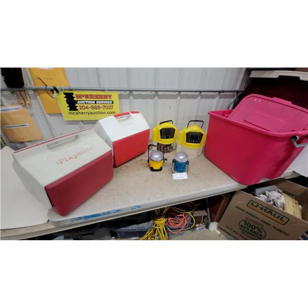 Igloo Playmate Cooler, Lanterns, Pink Sterilite Tote and Minnow Buckets