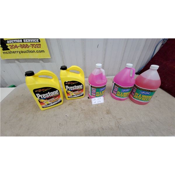 2 Prestone Extended Life Antifreeze/Coolant and 3 Splash RV & Marine Antifreeze, 1 Gallon Jugs