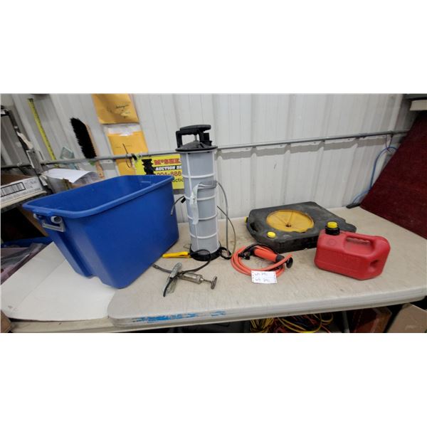 Manual Fluid Extractor Pump, Gasoline Can, Blue Tote, Jumper Cables, and More