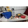 Image 1 : Manual Fluid Extractor Pump, Gasoline Can, Blue Tote, Jumper Cables, and More