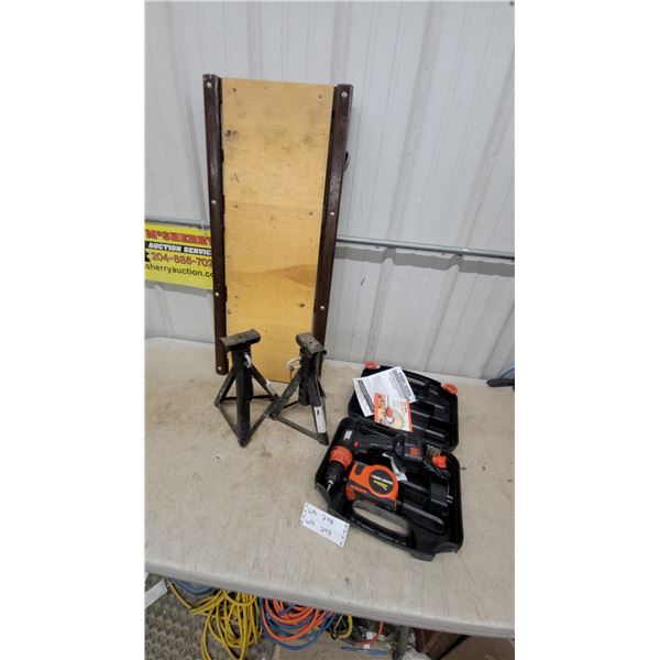 Black & Decker 12 Volt Cordless Drill Kit, Pair of Jack Stands, Wood Plank Ramp and More