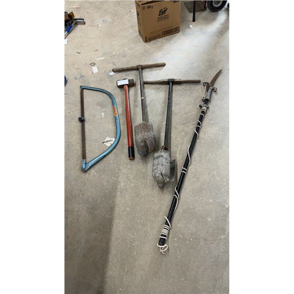 Post Hole Diggers, Pole Saw, Bow Saw, & Sledge Hammer