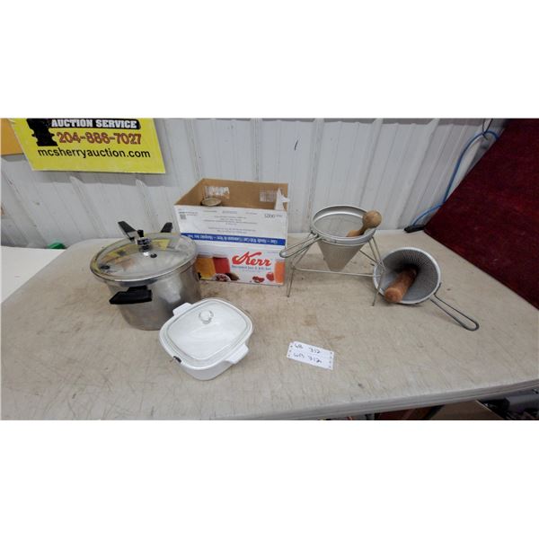 Presto Pressure Cooker, CorningWare Blue Cornflower Casserole, Kerr Jars, Strainers and More