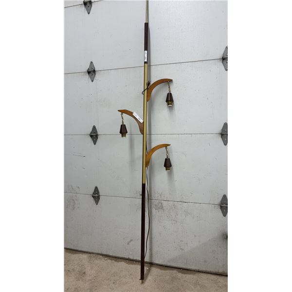 Mid-Century Modern Brass & Wood Pole Lamp with Three Teak Arms. Missing Glass Shades