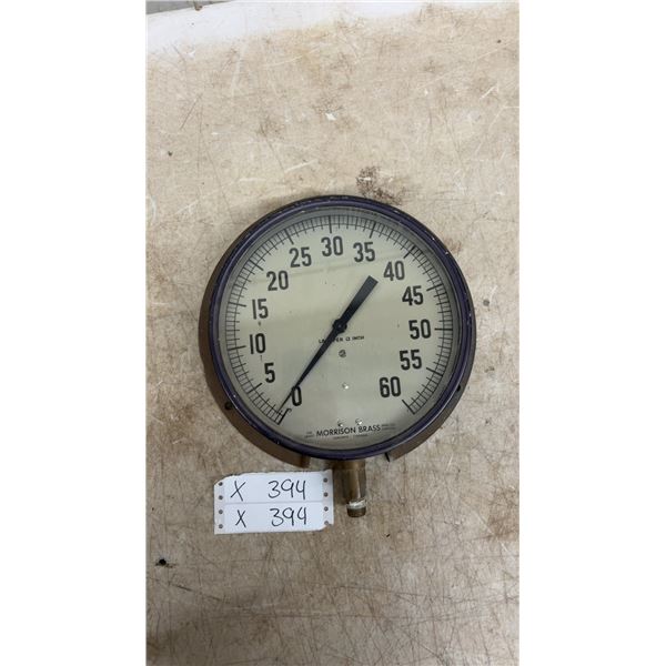 Vintage James Morrison Brass Mfg. Co. Pressure Gauge, 0-60 Pounds per Square Inch, 8.75" Diameter