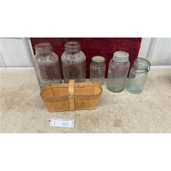Horlick's Malted Milk Bottles, Corona Improved Jars, Bail-Lid Canning Jar and Wooden Basket