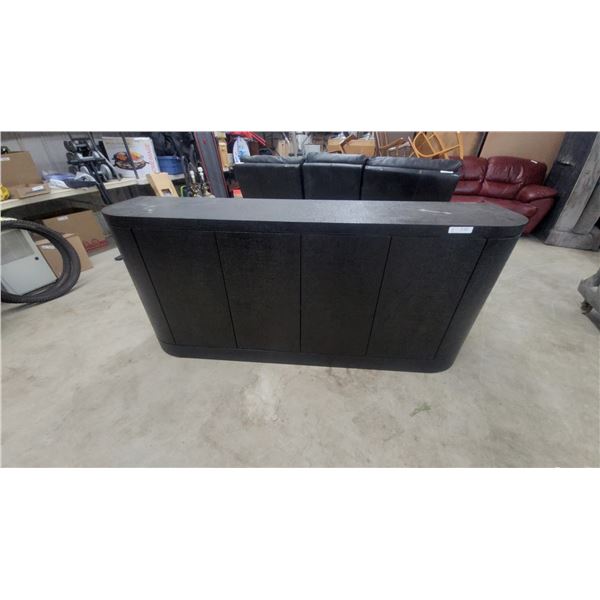 Modern Black Textured Storage Cabinet with Rounded Ends and Drop-Down Doors 78 x 18 x 34"